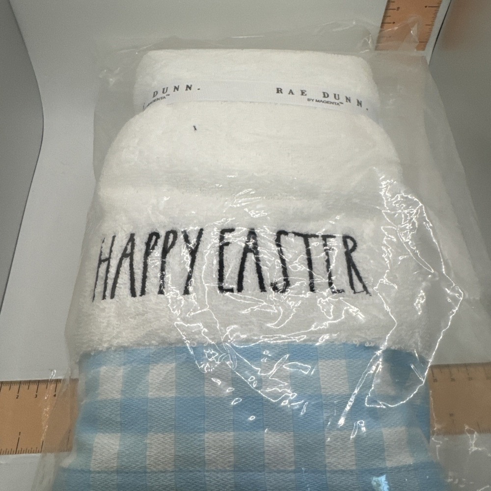 Rae Dunn by Magenta "HAPPY EASTER" Hand Towel Set‎ of 2 White Blue Gingham New